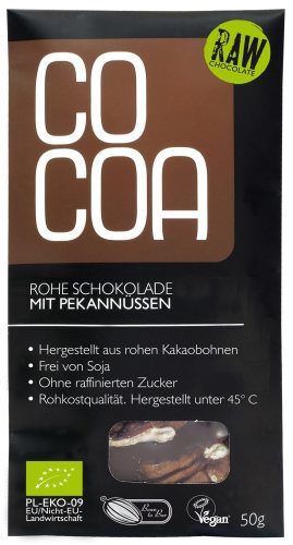 Cocoa Bio Rohe Schokolade dunkel 70 % mit Pekannüssen, 50 g