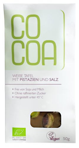 Cocoa Bio Weiße Schokolade mit Pistazien & Salz, 50 g