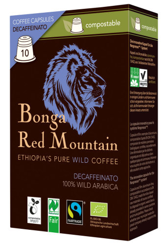 Bonga Red Mountain Bio Wildkaffee Decaffeinato, 10 Kapseln &aacute; 5,5 g